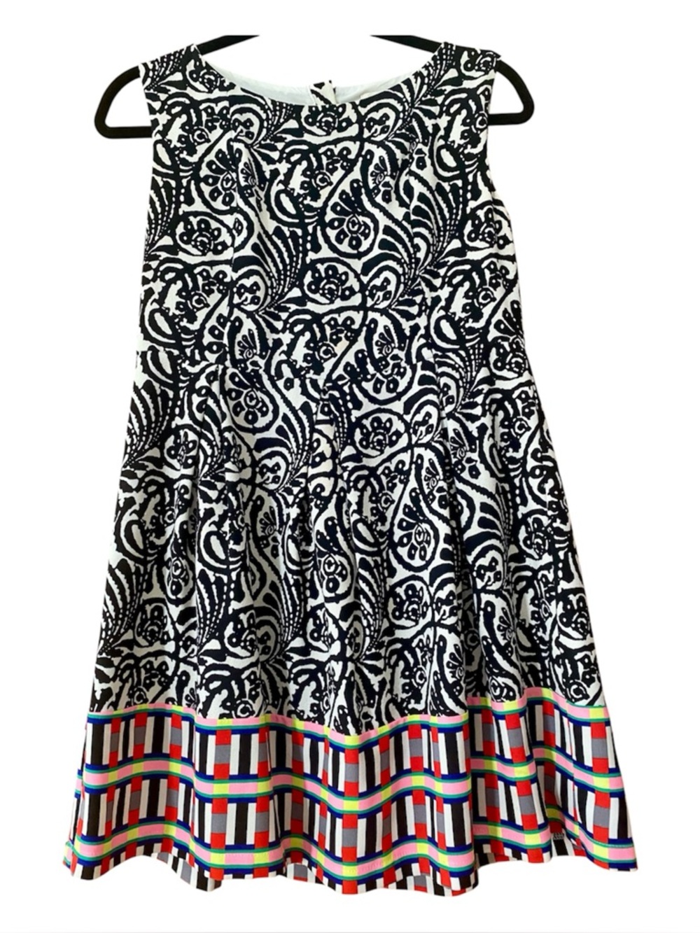 NU New York Abstract Print Fit Flare Dress Colorblock Border Hem Sleeveless S